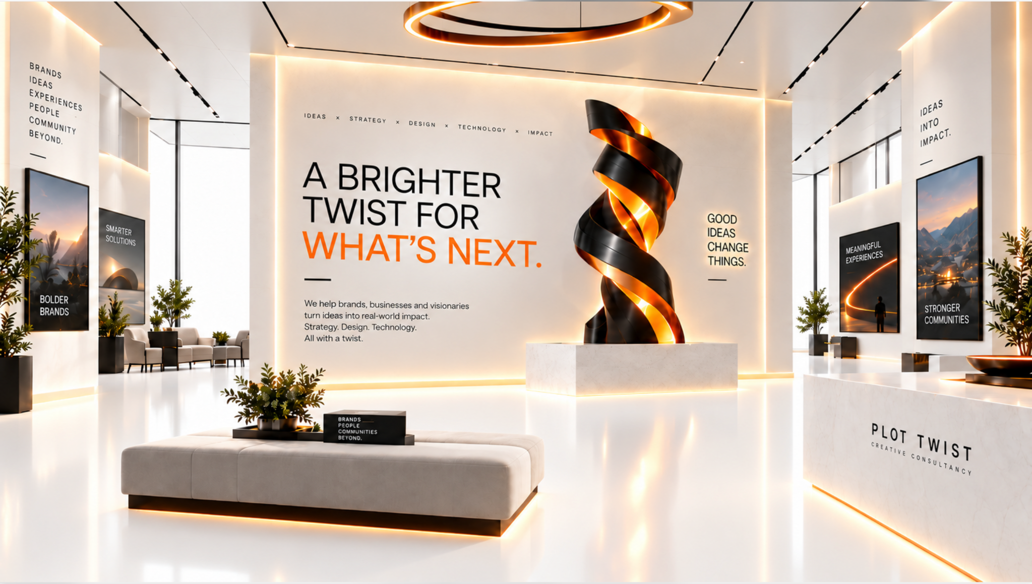 Plot Twist bright white showroom with orange lighting and a black and orange Twist sculpture